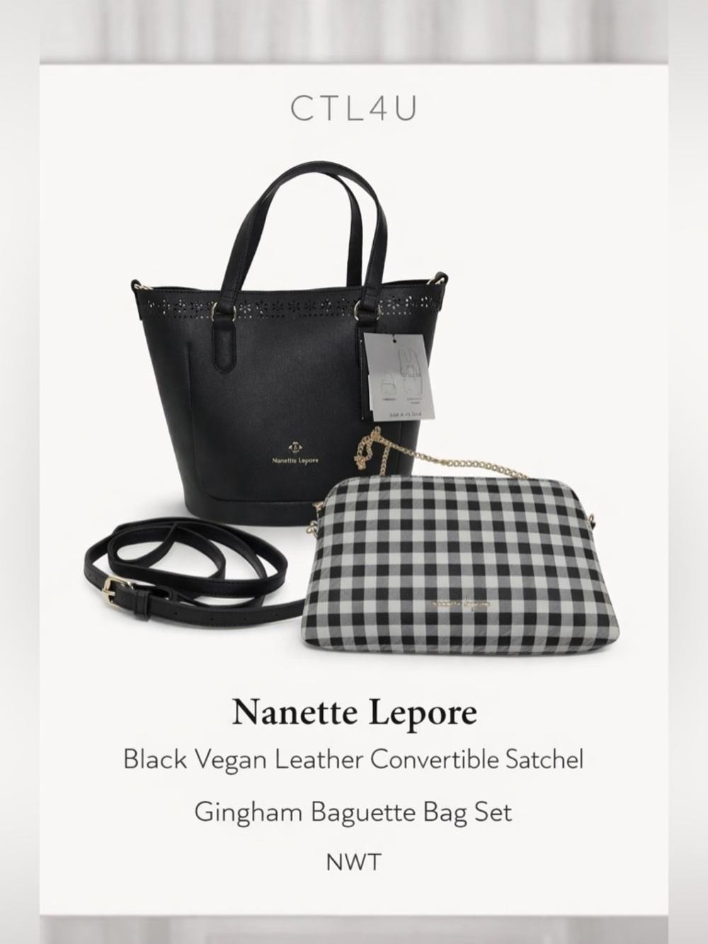 Nanette Lepore Black Vegan Leather Convertible Satchel Gingham Baguette Bag Set
